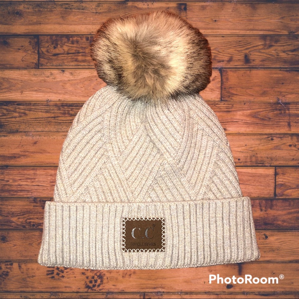CC Beige Pom Pom Beanie